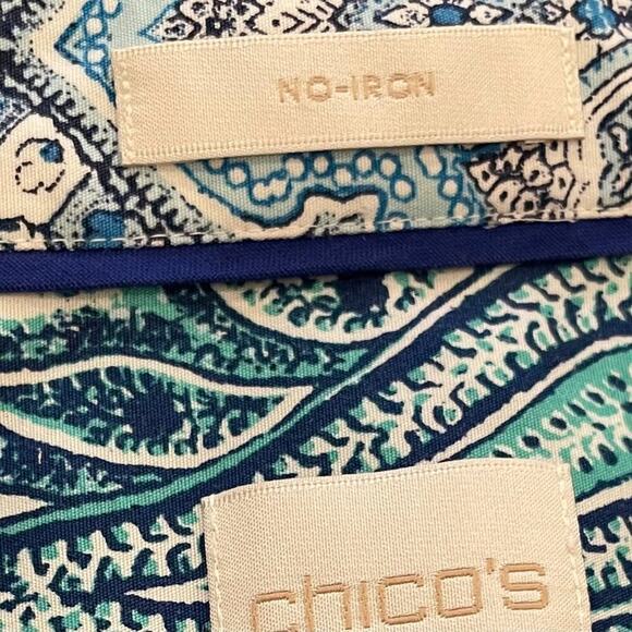 Chico's Cotton Non-Iron Blue Paisley V-Neck Button Down 3/4 Sleeve Shirt, XL - Picture 8 of 12